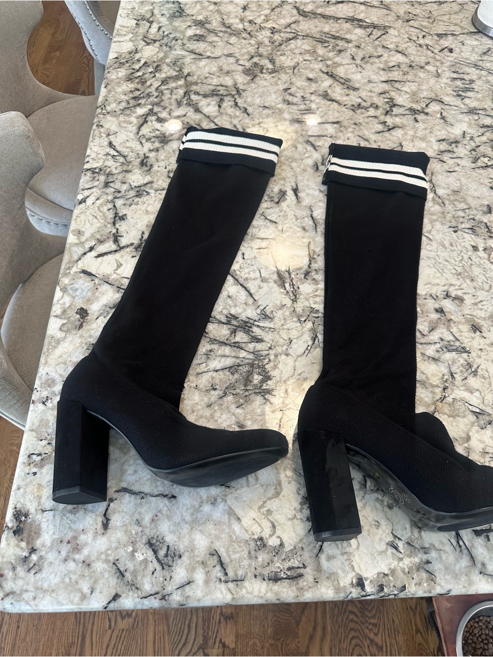 Chinese Laundry Black Knit Sock Heeled Boots with White Striped Cuff